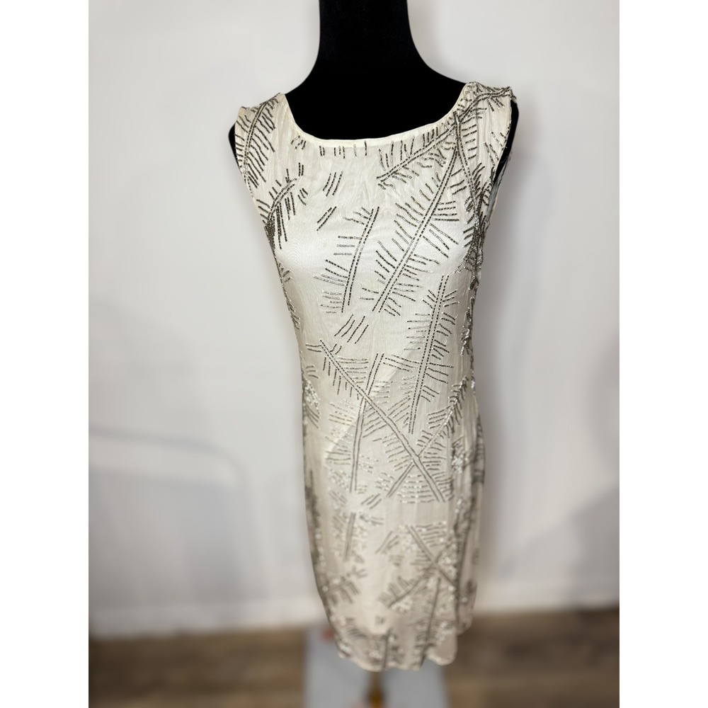 Alice Olivia Cream Beaded Feather Art Deco Flapper Style Sleeveless Mini Dress